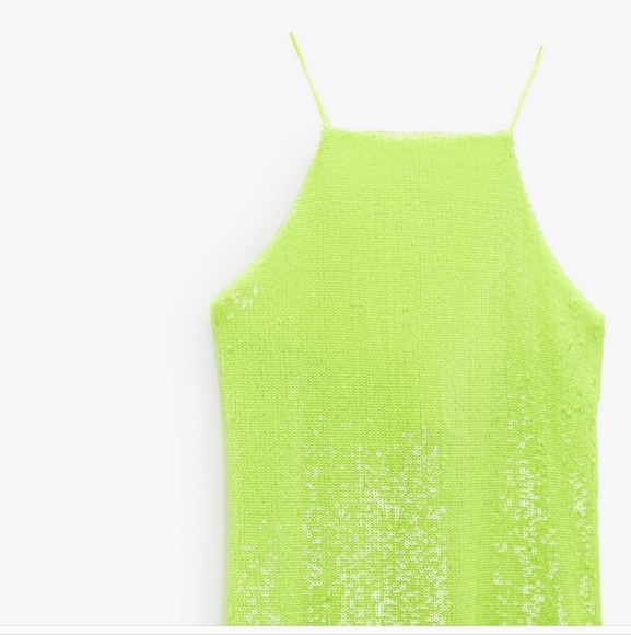 NWT ZARA Neon Green Sequin Strappy Back Square Neck Midi Dress - Picture 6 of 6